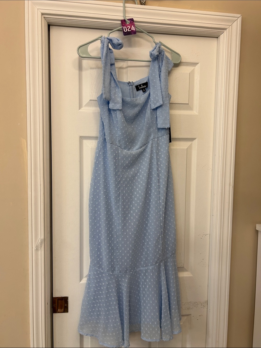 Lulu's Powder Blue Swiss Dot Tie-Shoulder Midi Dress